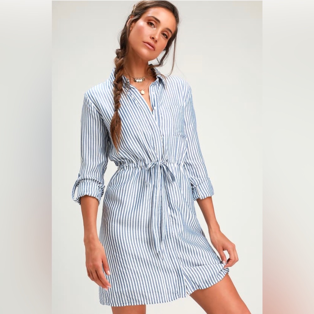 Lulus Lifestyle Blue and White Striped Long Sleeve Shirt Dress